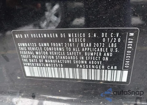 2020 Volkswagen Jetta 1.4T Sel z USA, uszkodzony, nr VIN 3VWEB7BU7LM022519